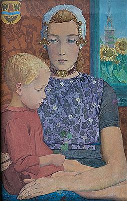 Schoß der Mutter sitzendes Kind. 1908