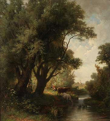 Vieh an der Tränke und Hirten am sommerlichen Dorfrand