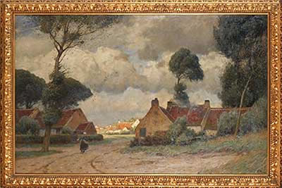 Dorfstraße mit heimkehrender Bäuerin vor dem Gewitter by Eugen Kampf - Auction record, sale price, and art valuation. Compare with similar artists and explore comparable artworks.