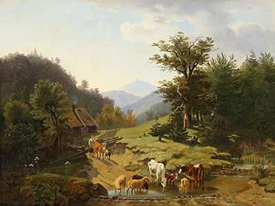 Vieh an der Tränke in den sommerlichen Alpen by Friedrich Karl Joseph Simmler - Auction record, sale price, and art valuation. Compare with similar artists and explore comparable artworks.