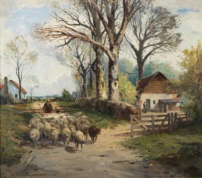Schäfer mit Herde auf der Dorfstraße