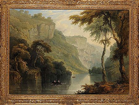 A RIVER SCENE WITH FISHERMEN SETTING A NET