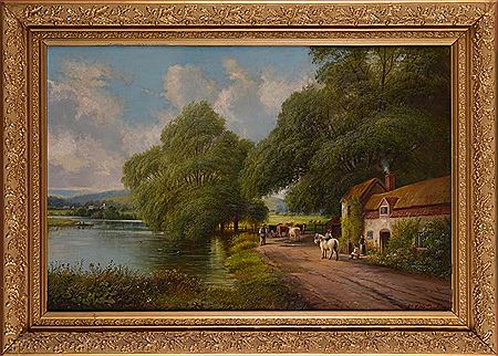 A THATCHED FARMHOUSE WITH FIGURES AND ANIMALS NEAR A RIVERBANK
