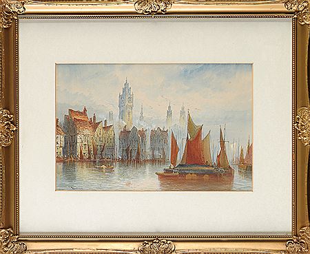 A DUTCH CANAL SCENE WITH A CATHEDRAL IN THE DISTANCE