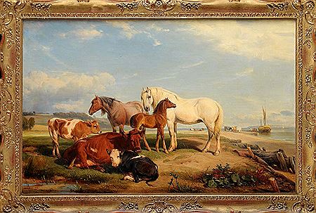 HORSES AND CATTLE NEAR AN ESTUARY WITH A HAY BARGE LOADING IN THE DISTANCE
