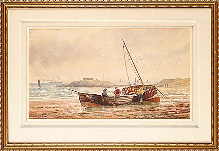 "ST. MARY'S (BATE'S) ISLAND, NORTHUMBERLAND" - FISHING COBLES IN THE FOREGROUND
