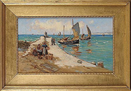 A HARBOUR PIER AND FISHING BOATS ON THE YORKSHIRE COAST by John William Gilroy - Auction record, sale price, and art valuation. Compare with similar artists and explore comparable artworks.