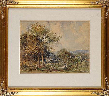 A VILLAGE WITH A MOTHER AND TWO CHILDREN GATHERING ROADSIDE FLOWERS by Robert Ernest McEune - Auction record, sale price, and art valuation. Compare with similar artists and explore comparable artworks.