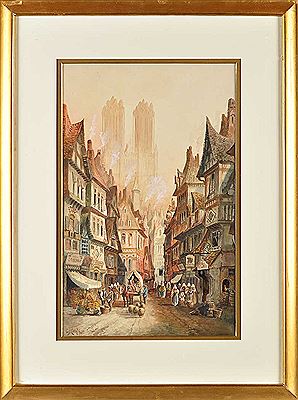 "RHEIMS" - A STREET SCENE WITH FIGURES AND MARKET STALLS IN THE FOREGROUND AND A CATHEDRAL IN THE DISTANCE