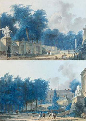 Vue présumée de l'entrée des Tuileries avec les groupes des chevaux de Marly and Vue présumée de l'entrée de la place de la Concorde (a pair)