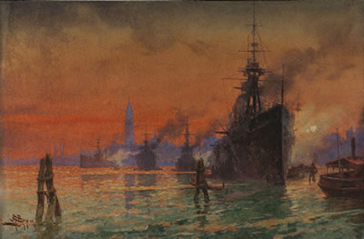 Navire de guerre dans le port de Venise