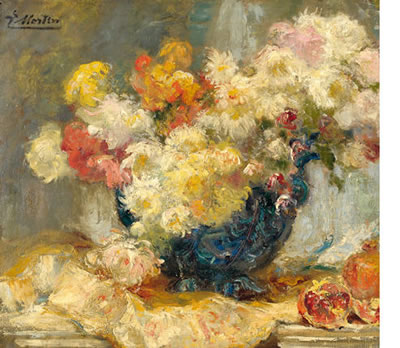 Nature morte aux grenades et dalhias dans un vase bleu