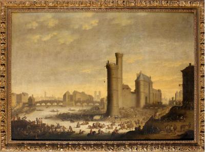Paris vue de la Seine, Notre Dame, le pont Neuf et à droite la tour de Nesle