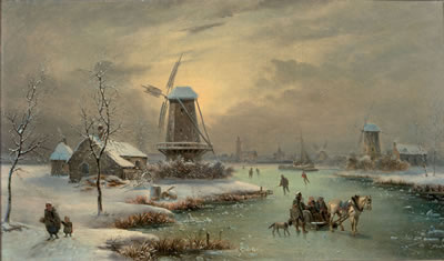 Chariot et patineurs sur une rivière gelée