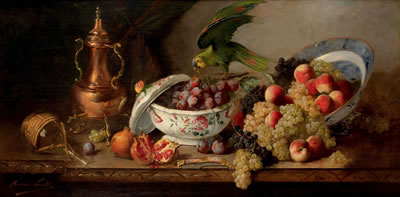 Nature Morte aux fruits et au perroquet sur un entablement