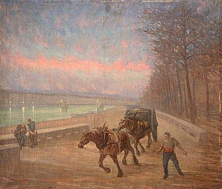 Chevaux de halage sur les quais au crépuscule