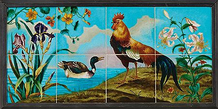 Panneau décoratif rectangulaire composé de huit carreaux en céramique émaillée polychrome à décor d'un coq et d'un canard évoluant dans un paysage végétal et aquatique sur fond bleu turquoise
