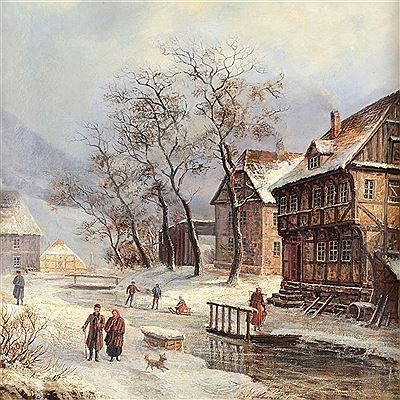 Winterliche Kleinstadtszene mit Spaziergängern und Schlittschuhläufern
