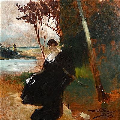 Landschaft mit ausruhendem Mädchen im Bildvordergrund