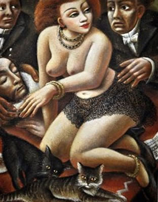 Salome' freizügig gekleidete Frau mit dem Haupt des Johannes, umgeben von erschreckten Männern
