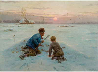 Farmer and son bird hunting in a winterly landscape