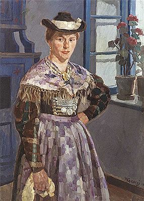 Portrait of a lady, dressed in traditional costume and hat