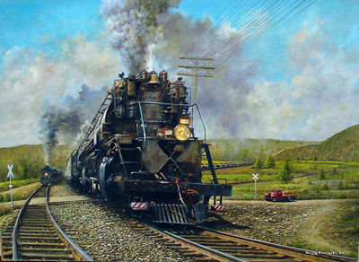 Railroad scene with red truck