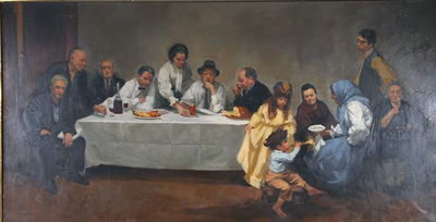 Panoramic scene of Jewish dinner with 12 figures by Harvey Dinnerstein - Auction record, sale price, and art valuation. Compare with similar artists and explore comparable artworks.