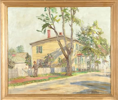 House with two figures by fence