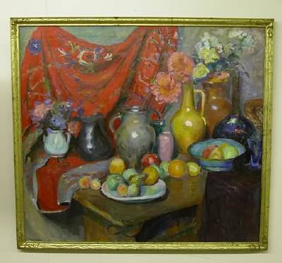 Still life with fruit, vases, and red drape background
