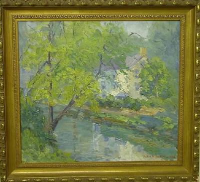 Impressionist landscape with canal and house