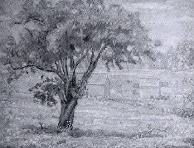 Impressionist spring landscape with farm buildings