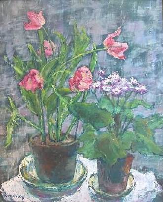 Still life of potted pink tulips and purple and white daisy