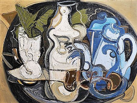 Still life with a kettle, decanter, and a glass