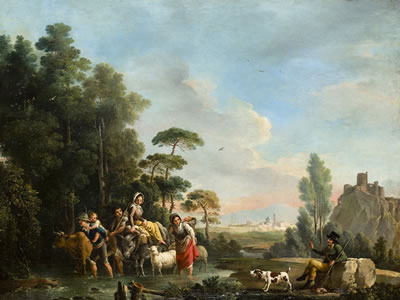 Paisaje con cazador descansando y familia de pastores