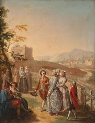 Figuras elegantes paseando cerca de un puente
