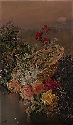 Pareja de lienzos representando cestos con rosas