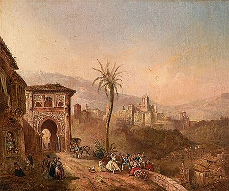 Vista de Granada con la Alhambra al fondo, tomada desde el antiguo mirador de San Nicolás en el Albaicín,; con la iglesia de San Pedro y San Pablo y el antiguo caserío del Paseo de los Tristes. 1858