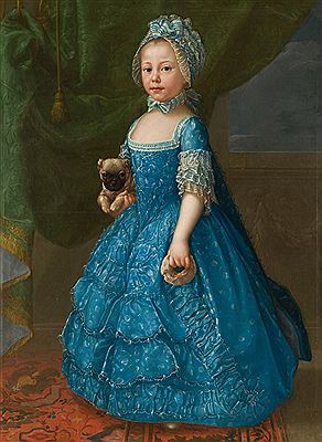 La niña María Teresa del Castillo sosteniendo con sus manos un perrito y una rosquilla. Hacia 1768-1770.