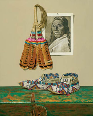 Sample artwork by Patricia Joy (Patti) Dobson (Born 1947), known for trompe still life, figure, landscape, native american/indian painting - View similar artists and auction records