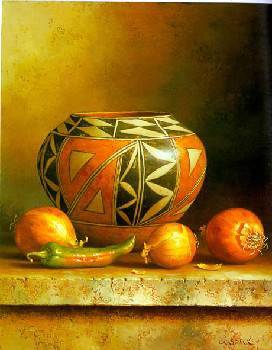Pottery with Onions and a Pepper