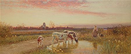 CATTLE AND DUCKS BEFORE A VILLAGE by Tom Lloyd - Auction record, sale price, and art valuation. Compare with similar artists and explore comparable artworks.