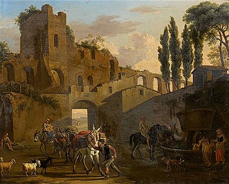 Paysans et cavaliers devant la fontaine, derrière des ruines antiques