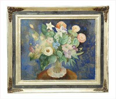 BOUQUET VARIE AU GUERIDON FOND BLEU