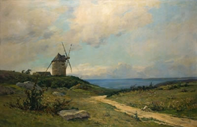 "Vista costera con molino"