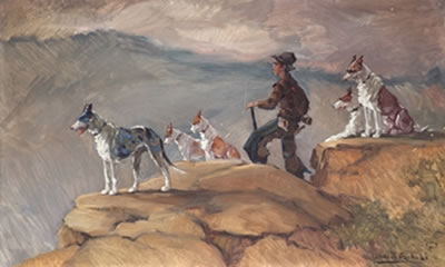 "Perros de caza y niño"