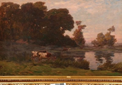 PAYSAGE AUX DEUX VACHES PRES DU LAC by Clovis Frederick Terraire - Auction record, sale price, and art valuation. Compare with similar artists and explore comparable artworks.