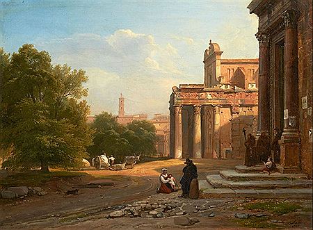 Paysans près de la cascade delle Marmore à Tivoli, Vue du temple d'Antonin et Faustine à Rome (2)