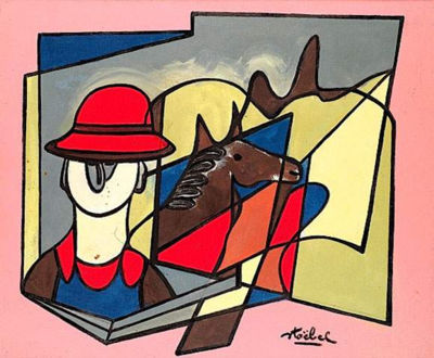 FIGURASYNTHESE, FEMME ET CHEVAL SUR FOND ROSE