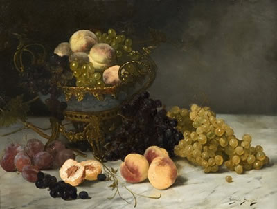 Nature morte à la coupe montée, aux pêches et aux raisins
